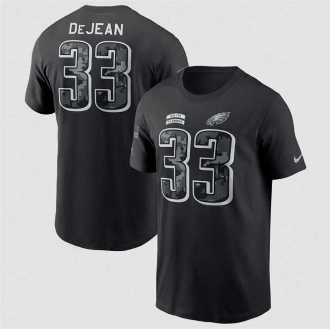Men's Black Philadelphia Eagles #33 Cooper DeJean 2026 Salute to Service Name & Number T-Shirt